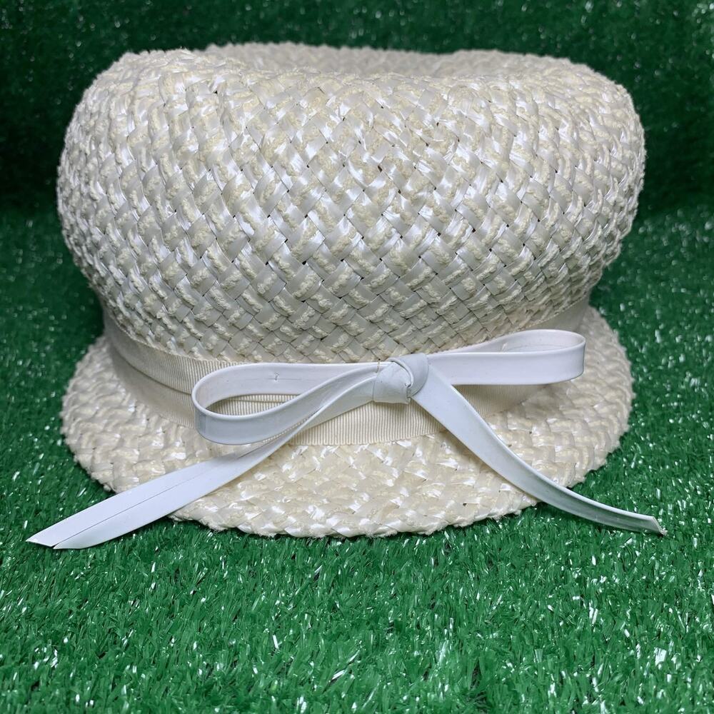 Vintage Lisette Ivory Straw Cloche Hat Bow Medium Steven's Millinery
